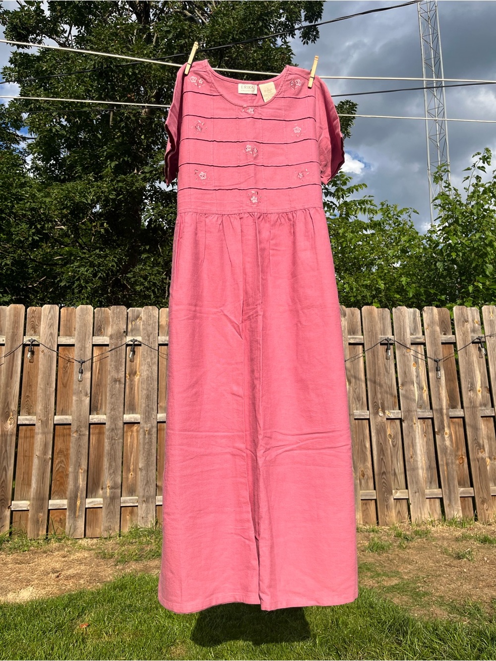 Vtg Erika Collection linen + cotton pink embroidered dress Small